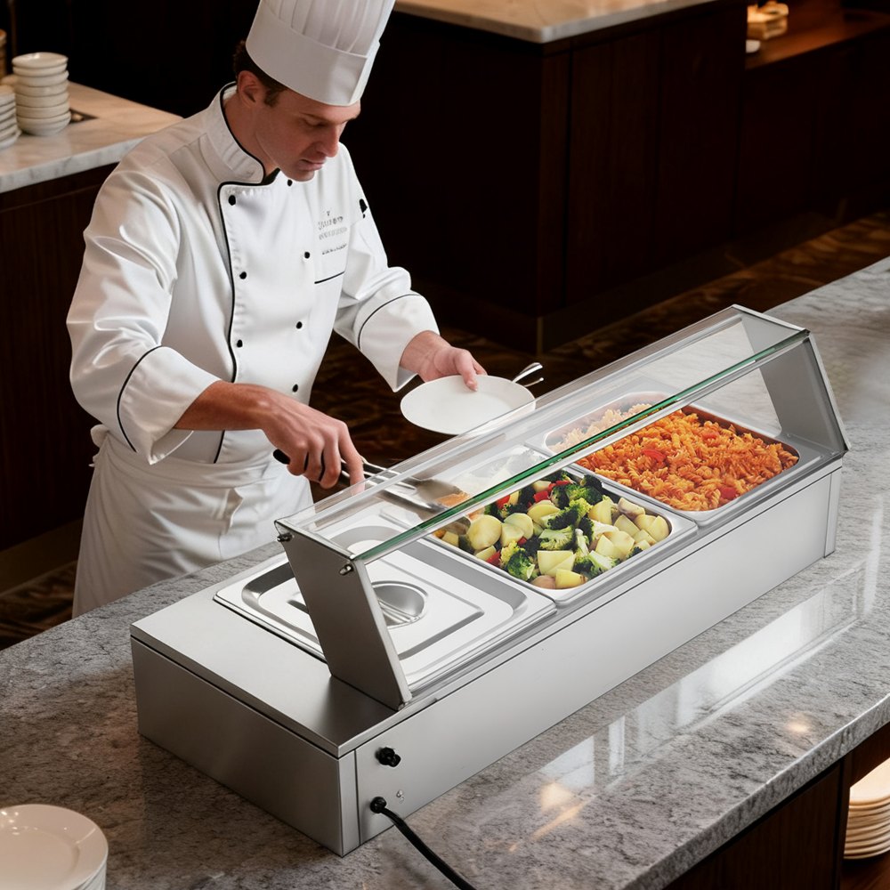 VEVOR Commercial Food Warmer, 1500W Electric Stainless Steel Steam Food Warmer with Glass Cover, Countertop Buffet Bain Marie with Three 1/2 Size Food Pans, for Catering, Restaurant, Party & Buffets