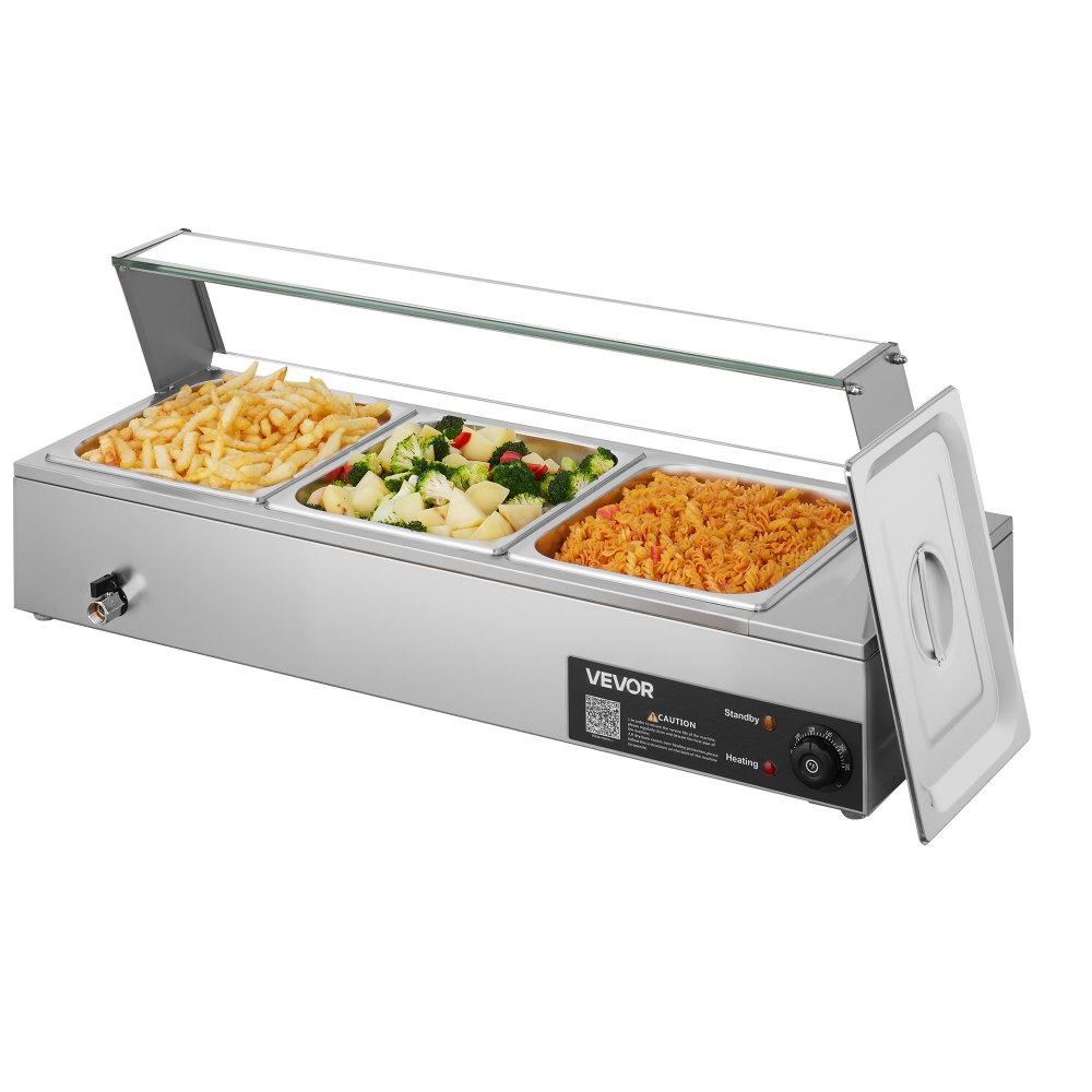 VEVOR Commercial Food Warmer, 1500W Electric Stainless Steel Steam Food Warmer with Glass Cover, Countertop Buffet Bain Marie with Three 1/2 Size Food Pans, for Catering, Restaurant, Party & Buffets