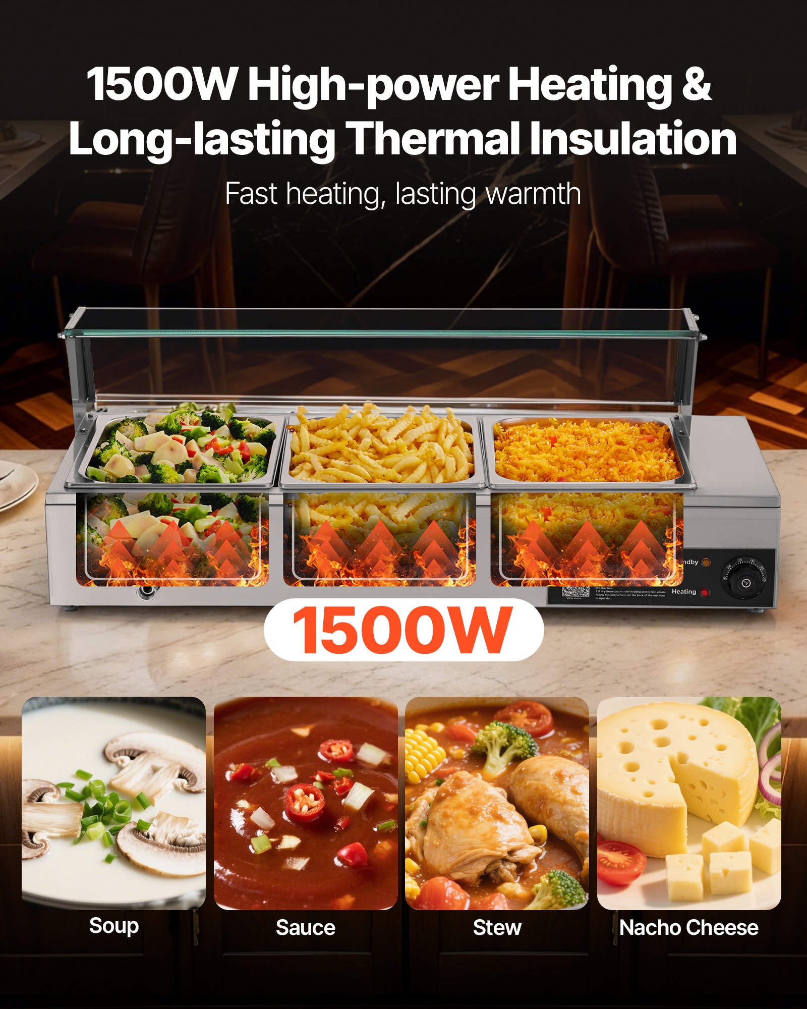 VEVOR Commercial Food Warmer, 1500W Electric Stainless Steel Steam Food Warmer with Glass Cover, Countertop Buffet Bain Marie with Three 1/2 Size Food Pans, for Catering, Restaurant, Party & Buffets