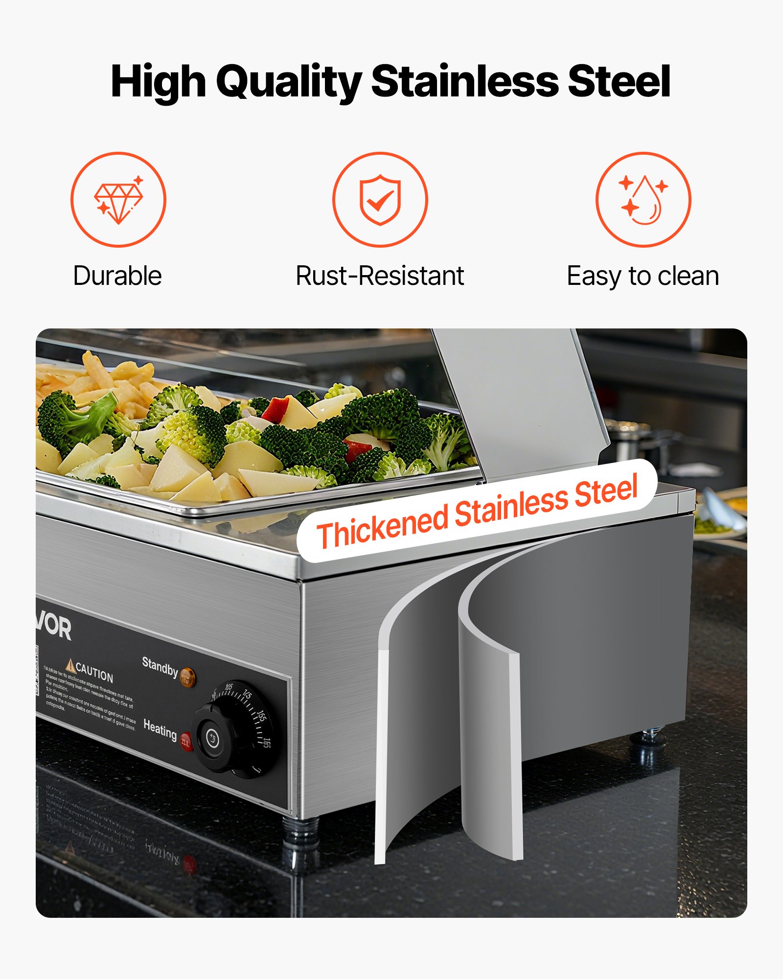 VEVOR Commercial Food Warmer, 1500W Electric Stainless Steel Steam Food Warmer with Glass Cover, Countertop Buffet Bain Marie with Three 1/2 Size Food Pans, for Catering, Restaurant, Party & Buffets