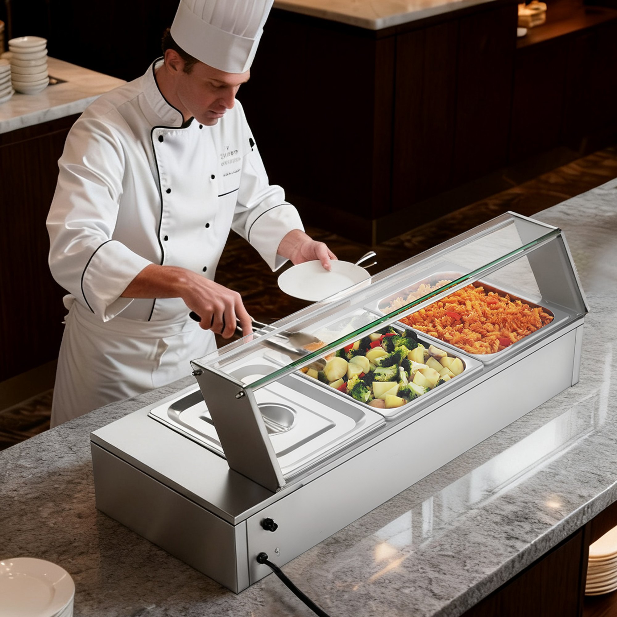 VEVOR Commercial Food Warmer, 1500W Electric Stainless Steel Steam Food Warmer with Glass Cover, Countertop Buffet Bain Marie with Three 1/2 Size Food Pans, for Catering, Restaurant, Party & Buffets