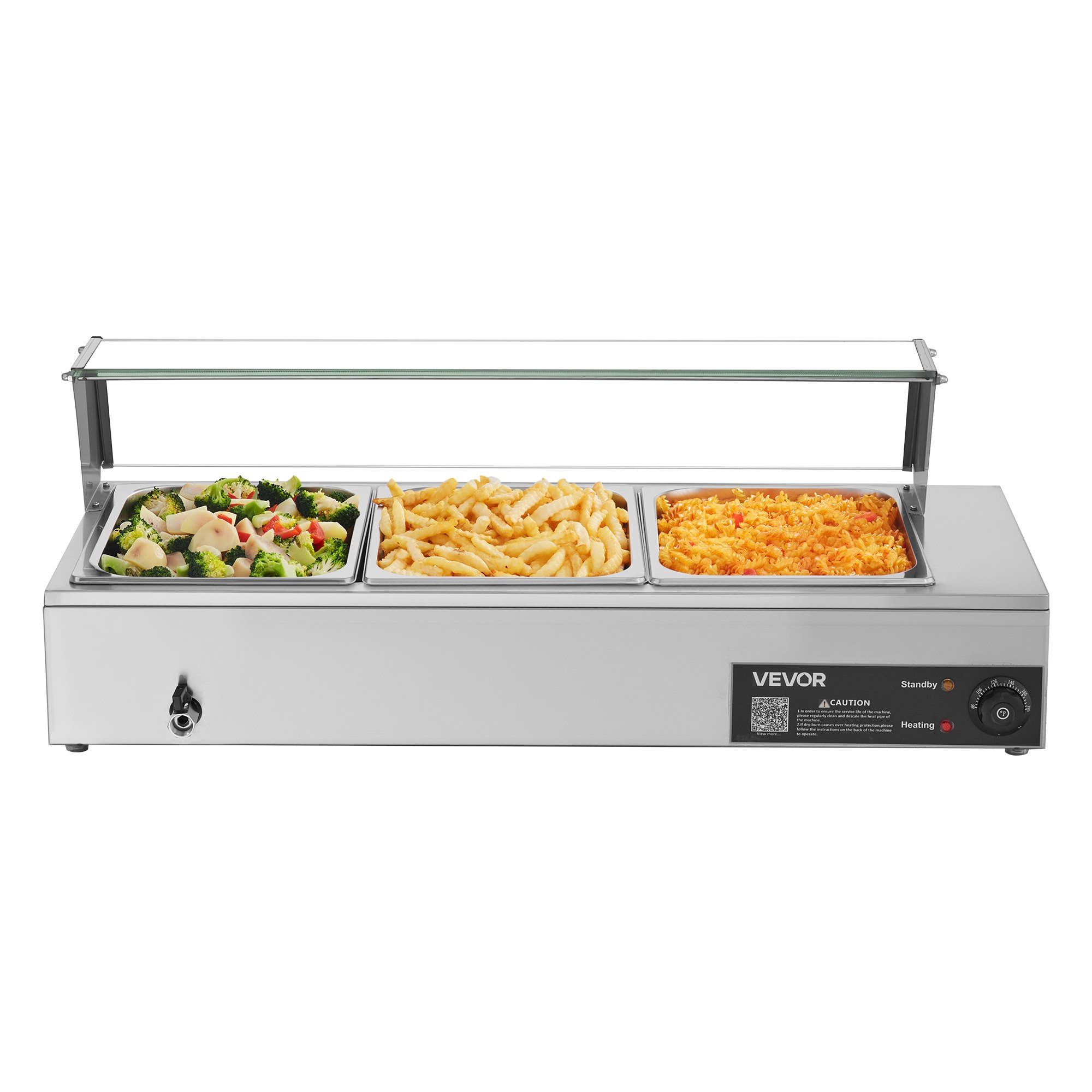 VEVOR Commercial Food Warmer, 1500W Electric Stainless Steel Steam Food Warmer with Glass Cover, Countertop Buffet Bain Marie with Three 1/2 Size Food Pans, for Catering, Restaurant, Party & Buffets