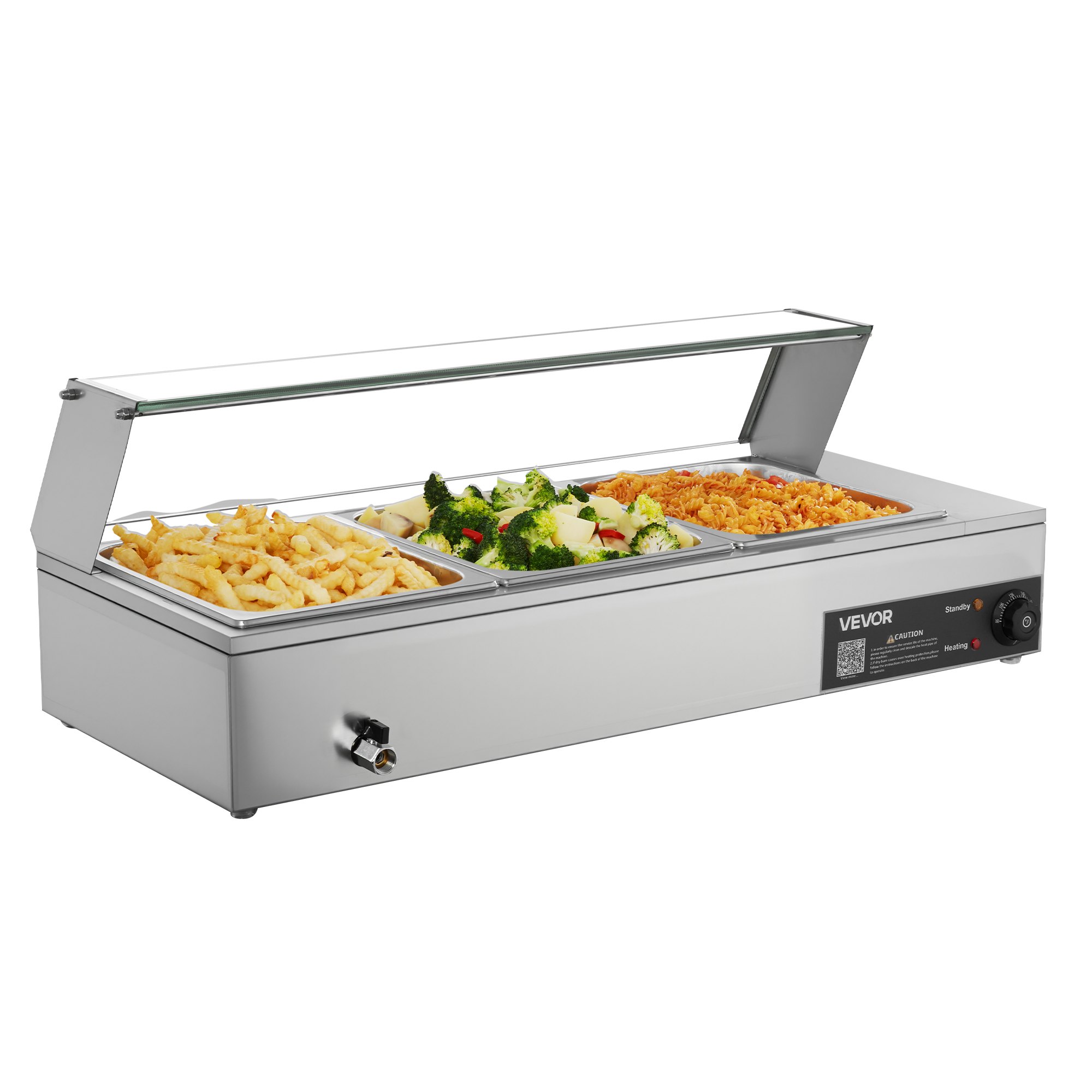 VEVOR Commercial Food Warmer, 1500W Electric Stainless Steel Steam Food Warmer with Glass Cover, Countertop Buffet Bain Marie with Three 1/2 Size Food Pans, for Catering, Restaurant, Party & Buffets
