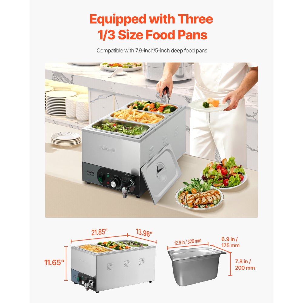 VEVOR Commercial Food Warmer, 1200W Electric Stainless Steel Steam Food Warmer, Fast Heating Countertop Buffet Bain Marie with Detachable Power Cord, for Catering, Restaurants, Parties & Buffets