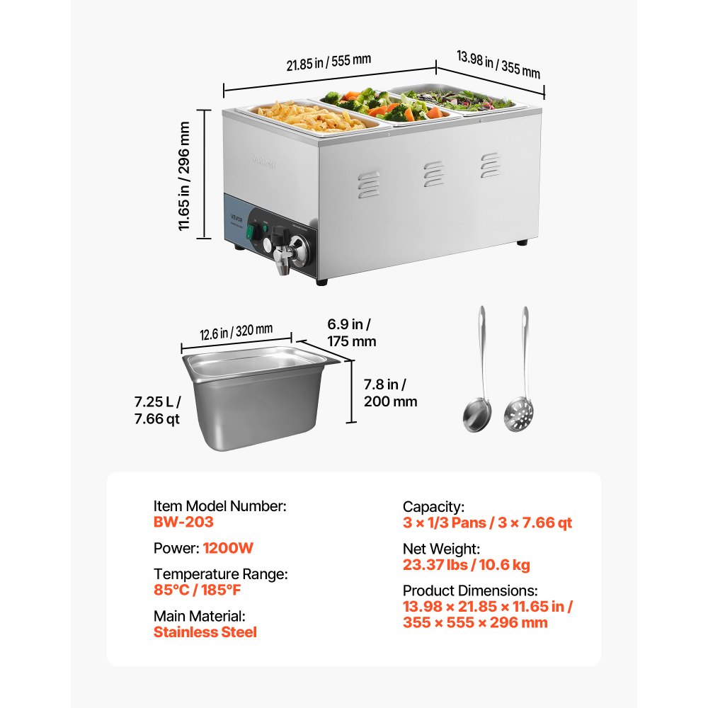 VEVOR Commercial Food Warmer, 1200W Electric Stainless Steel Steam Food Warmer, Fast Heating Countertop Buffet Bain Marie with Detachable Power Cord, for Catering, Restaurants, Parties & Buffets