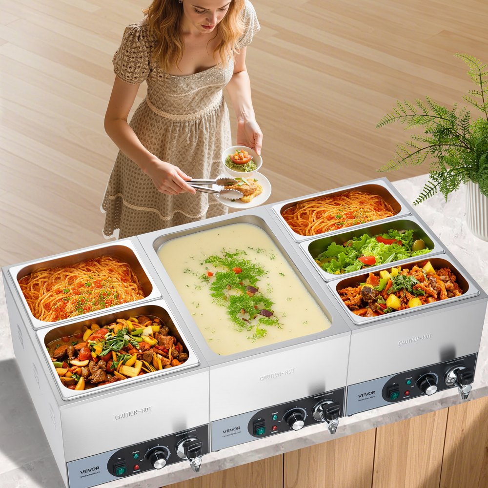 VEVOR Commercial Food Warmer, 1200W Electric Stainless Steel Steam Food Warmer, Fast Heating Countertop Buffet Bain Marie with Detachable Power Cord, for Catering, Restaurants, Parties & Buffets