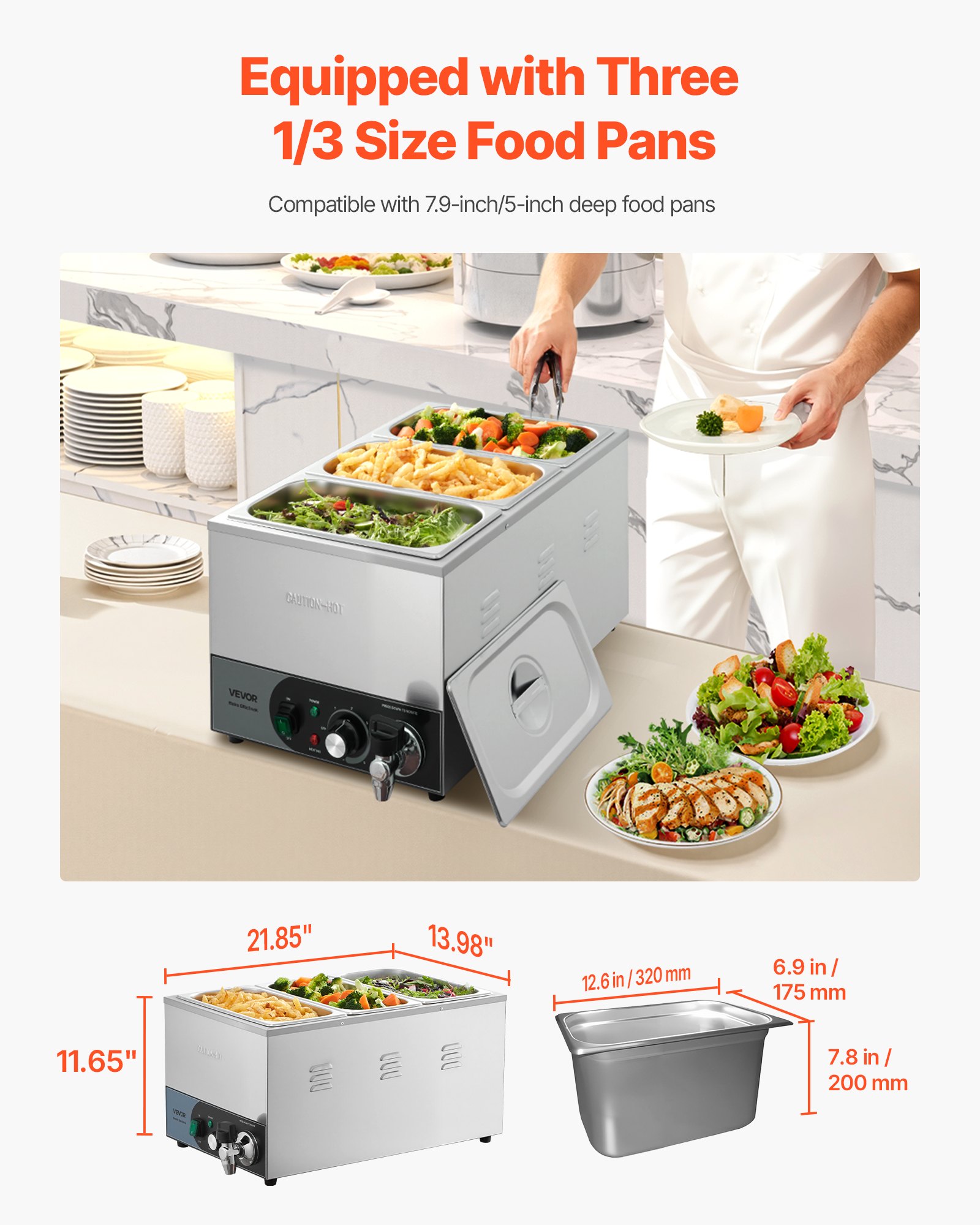 VEVOR Commercial Food Warmer, 1200W Electric Stainless Steel Steam Food Warmer, Fast Heating Countertop Buffet Bain Marie with Detachable Power Cord, for Catering, Restaurants, Parties & Buffets