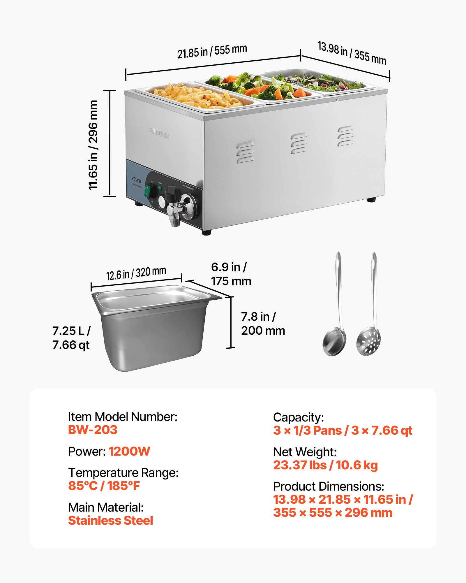 VEVOR Commercial Food Warmer, 1200W Electric Stainless Steel Steam Food Warmer, Fast Heating Countertop Buffet Bain Marie with Detachable Power Cord, for Catering, Restaurants, Parties & Buffets