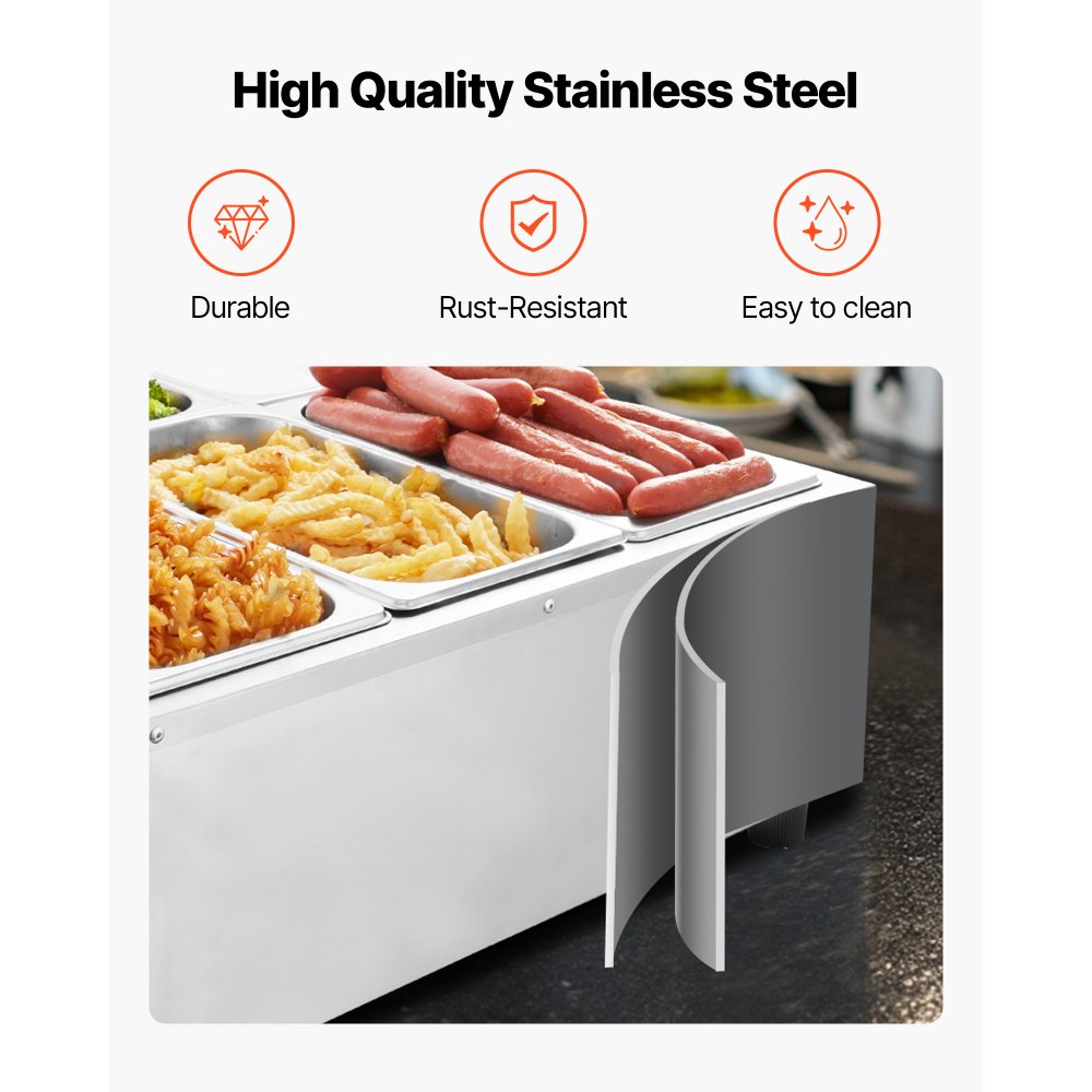 VEVOR Commercial Food Warmer, 1500W Electric Stainless Steel Steam Food Warming with Lid, 6-Pan Fast Heating Countertop Buffet Bain Marie with Power Cord, for Catering, Restaurant, Party & Buffets