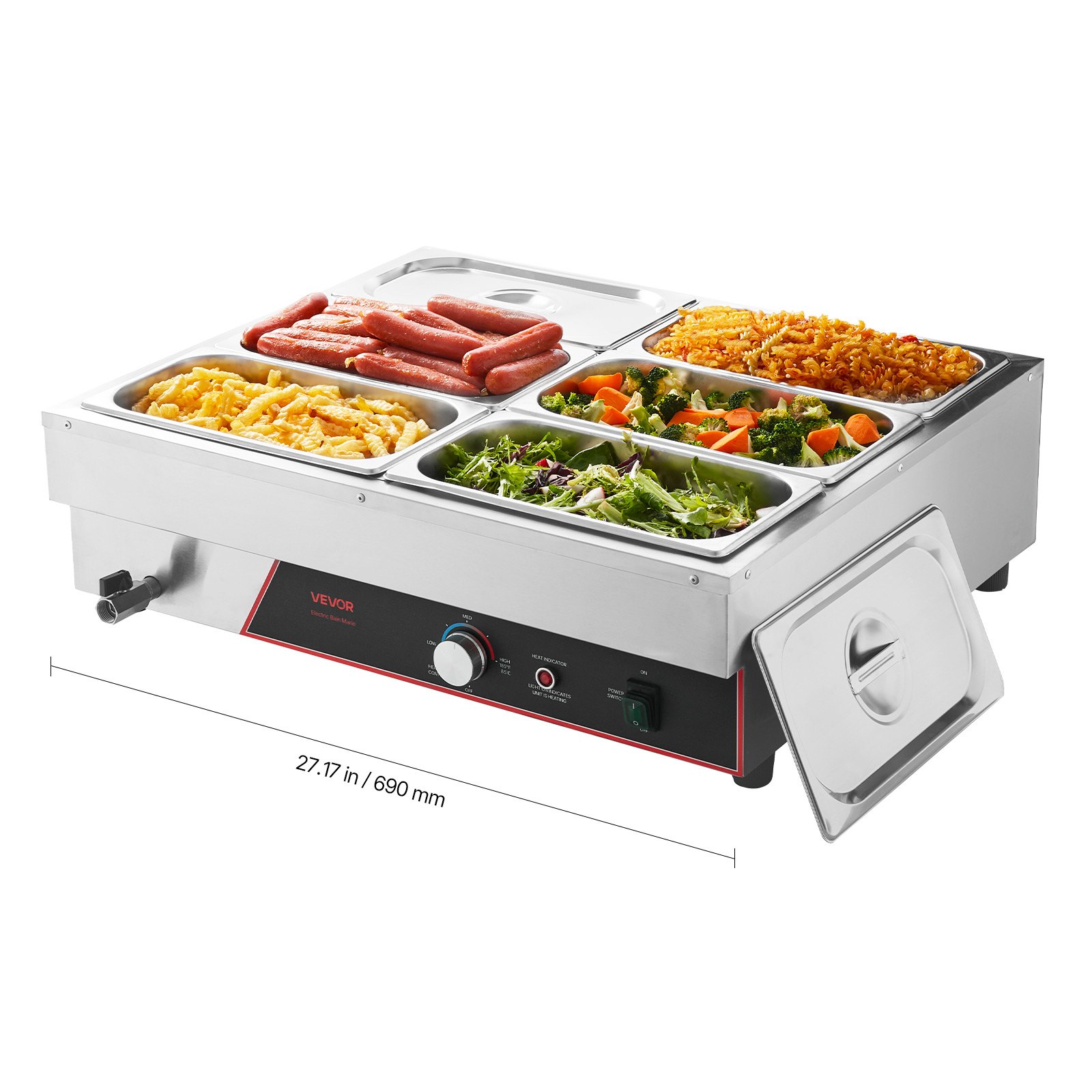 VEVOR Commercial Food Warmer, 1500W Electric Stainless Steel Steam Food Warming with Lid, 6-Pan Fast Heating Countertop Buffet Bain Marie with Power Cord, for Catering, Restaurant, Party & Buffets