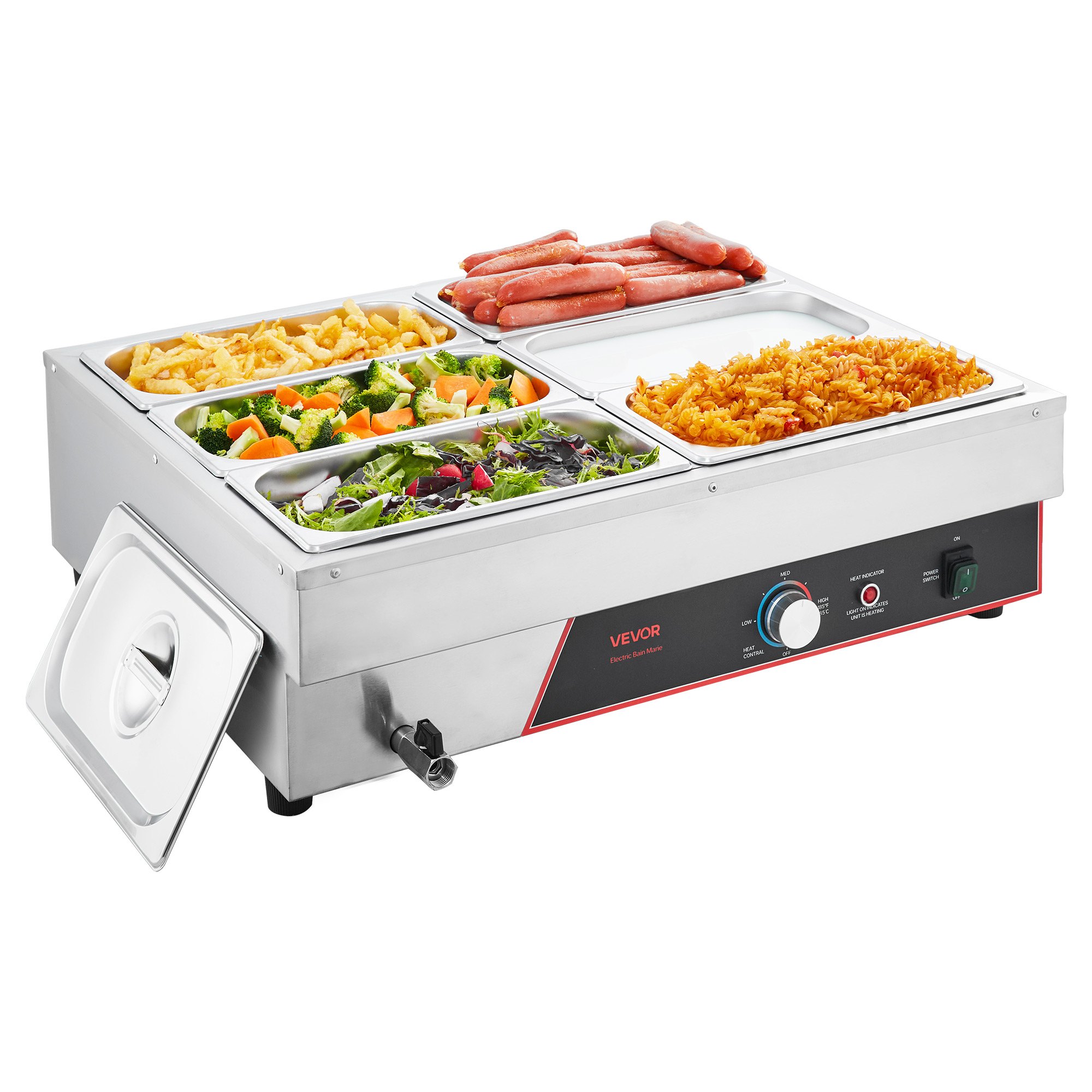 VEVOR Commercial Food Warmer, 1500W Electric Stainless Steel Steam Food Warming with Lid, 6-Pan Fast Heating Countertop Buffet Bain Marie with Power Cord, for Catering, Restaurant, Party & Buffets