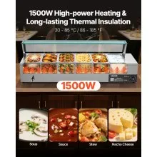 VEVOR Commercial Food Warmer 6 x 1/3 Size Pans Buffet Bain Marie with Glass Cover