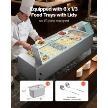 VEVOR Commercial Food Warmer 6 x 1/3 Size Pans Buffet Bain Marie with Glass Cover