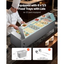 VEVOR Commercial Food Warmer 6 x 1/3 Size Pans Buffet Bain Marie with Glass Cover