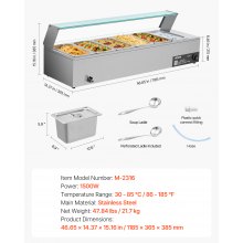 VEVOR Commercial Food Warmer 6 x 1/3 Size Pans Buffet Bain Marie with Glass Cover