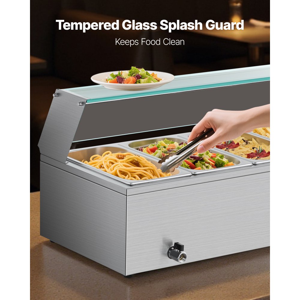 VEVOR Commercial Food Warmer, 1500W Electric Stainless Steel Steam Food Warmer with Glass Cover, 6 x 1/3 Size Pans Buffet Bain Marie with Soup & Perforated Ladles, for Catering, Restaurant & Party