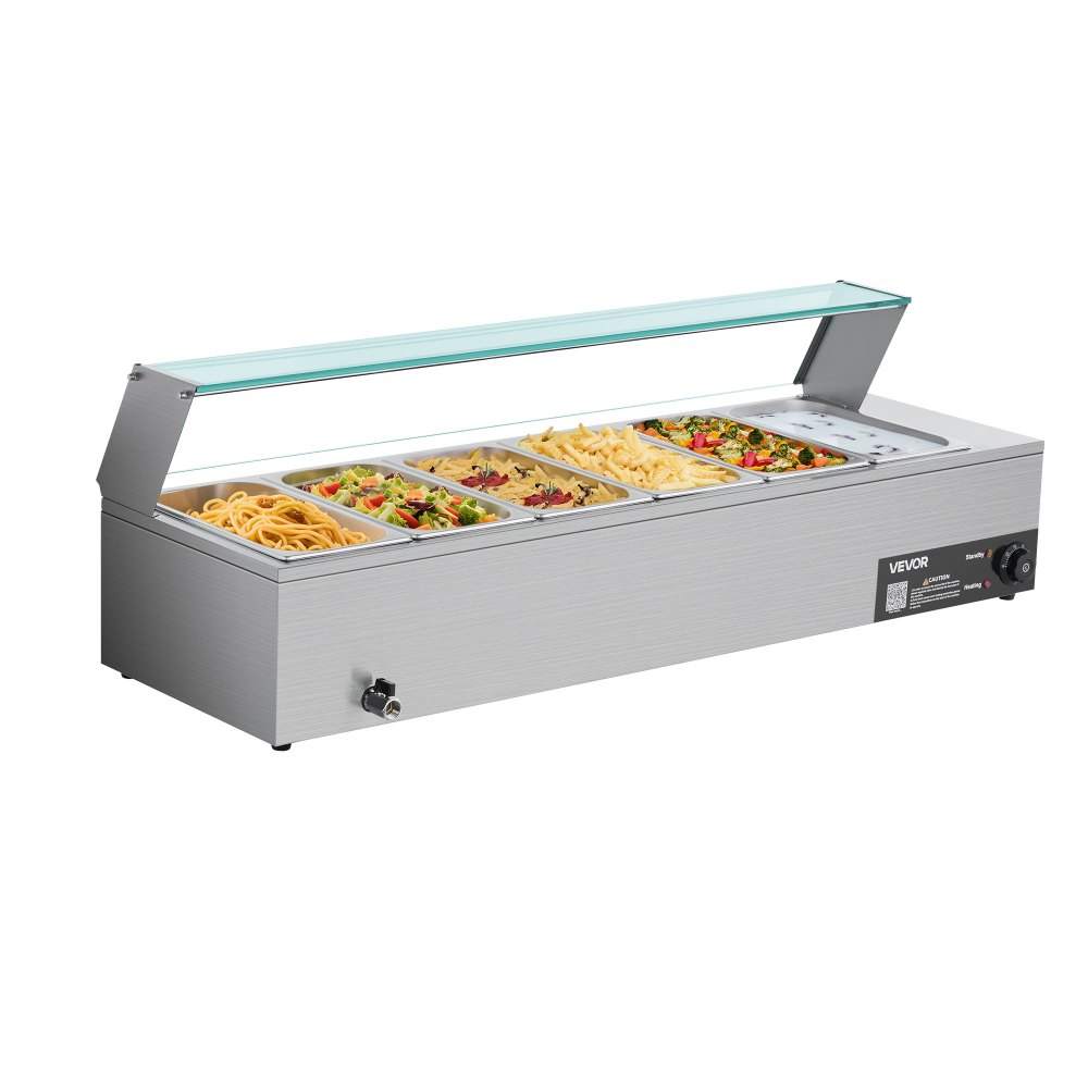 VEVOR Commercial Food Warmer, 1500W Electric Stainless Steel Steam Food Warmer with Glass Cover, 6 x 1/3 Size Pans Buffet Bain Marie with Soup & Perforated Ladles, for Catering, Restaurant & Party