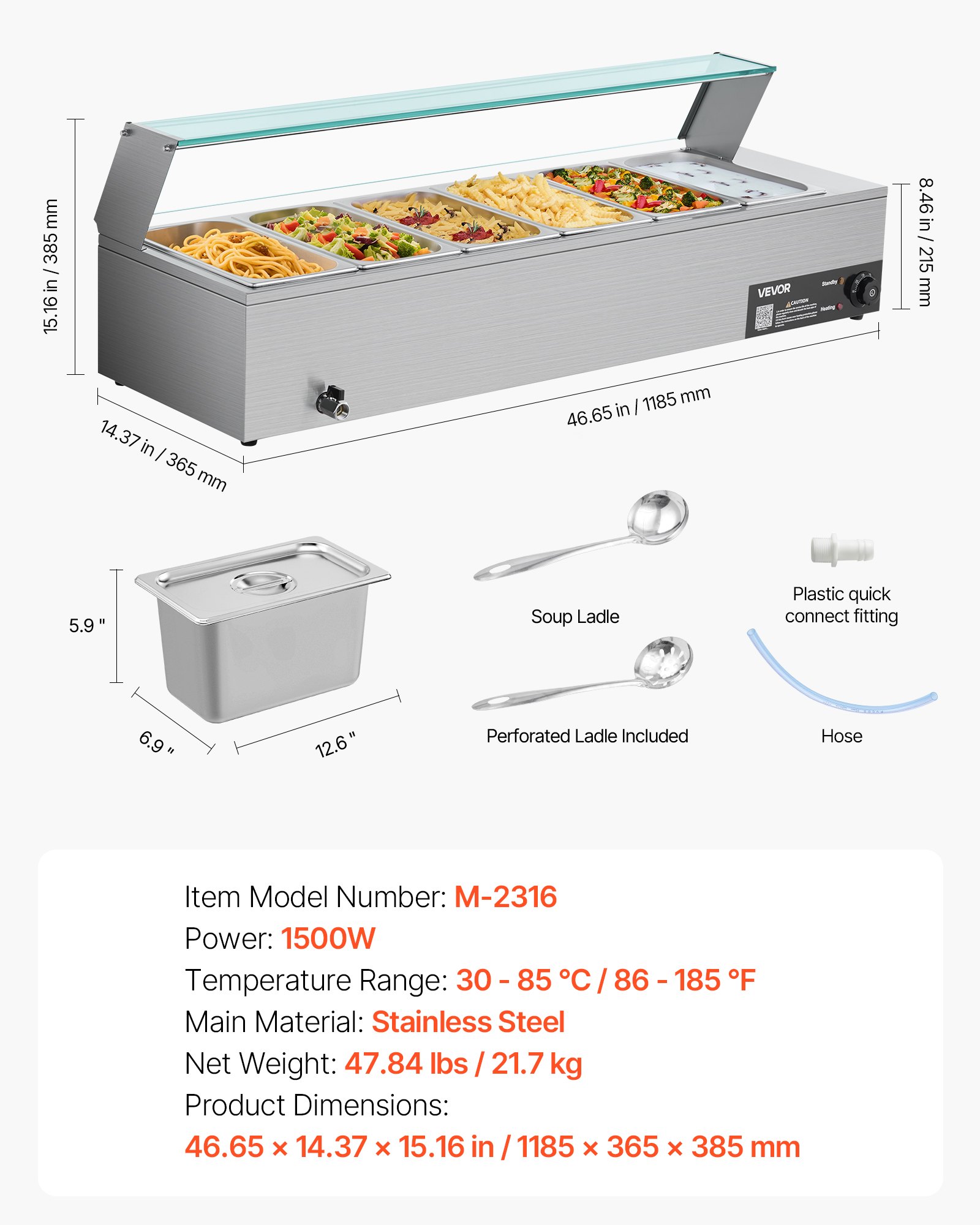 VEVOR Commercial Food Warmer, 1500W Electric Stainless Steel Steam Food Warmer with Glass Cover, 6 x 1/3 Size Pans Buffet Bain Marie with Soup & Perforated Ladles, for Catering, Restaurant & Party