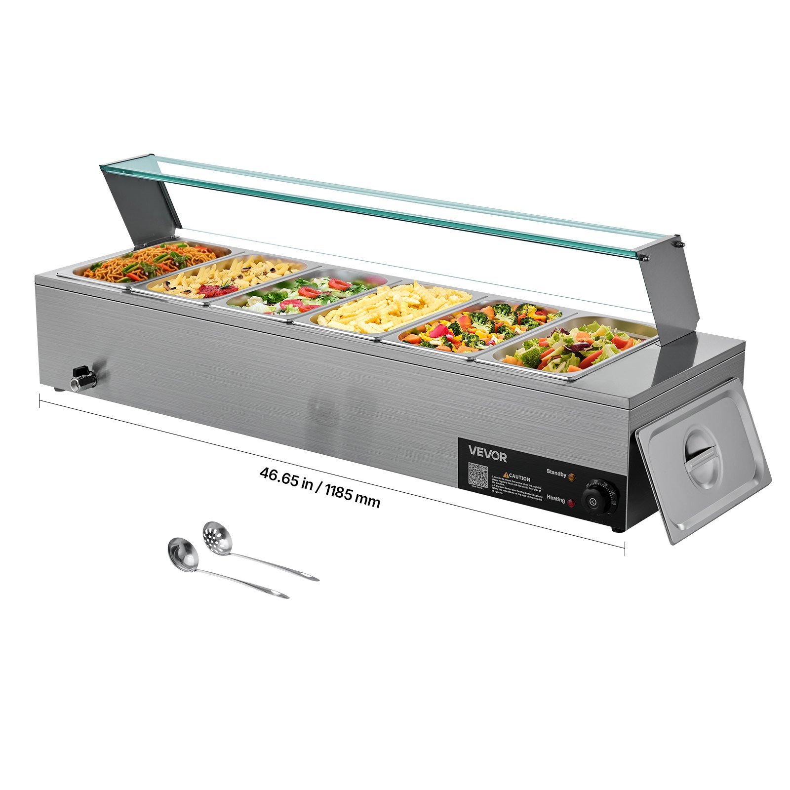 VEVOR Commercial Food Warmer, 1500W Electric Stainless Steel Steam Food Warmer with Glass Cover, 6 x 1/3 Size Pans Buffet Bain Marie with Soup & Perforated Ladles, for Catering, Restaurant & Party