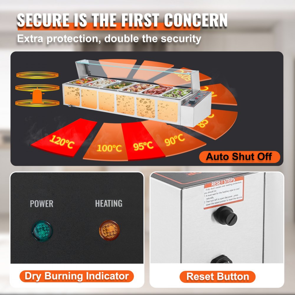 VEVOR 6-Pan Commercial Food Warmer, 6 x 5QT Electric Steam Table with Glass Cover, 1500W Countertop Stainless Steel Buffet Bain Marie 30 - 85℃ Temp Control for Catering, Restaurants, Silver