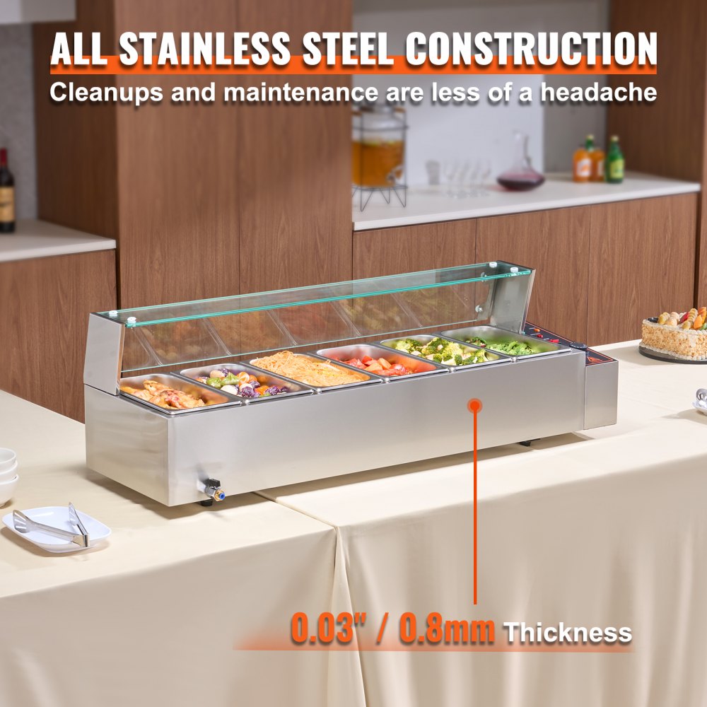 VEVOR 6-Pan Commercial Food Warmer, 6 x 5QT Electric Steam Table with Glass Cover, 1500W Countertop Stainless Steel Buffet Bain Marie 30 - 85℃ Temp Control for Catering, Restaurants, Silver