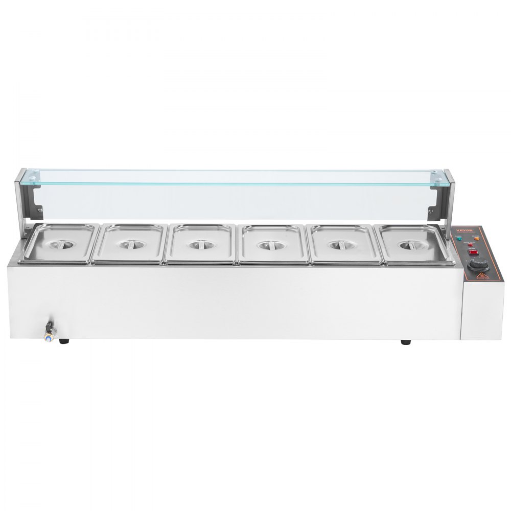VEVOR 6-Pan Commercial Food Warmer, 6 x 5QT Electric Steam Table with Glass Cover, 1500W Countertop Stainless Steel Buffet Bain Marie 30 - 85℃ Temp Control for Catering, Restaurants, Silver