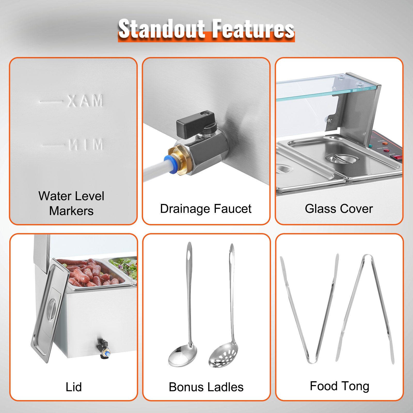 VEVOR 6-Pan Commercial Food Warmer, 6 x 5QT Electric Steam Table with Glass Cover, 1500W Countertop Stainless Steel Buffet Bain Marie 30 - 85℃ Temp Control for Catering, Restaurants, Silver