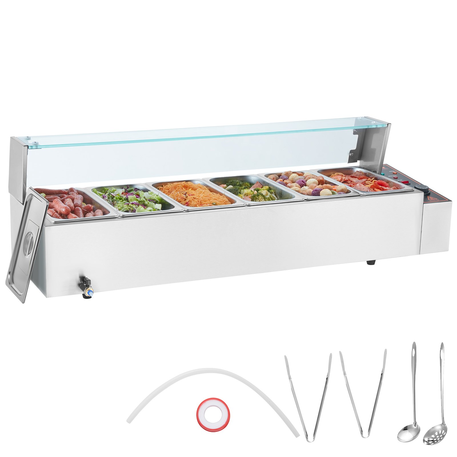 VEVOR 6-Pan Commercial Food Warmer, 6 x 5QT Electric Steam Table with Glass Cover, 1500W Countertop Stainless Steel Buffet Bain Marie 30 - 85℃ Temp Control for Catering, Restaurants, Silver