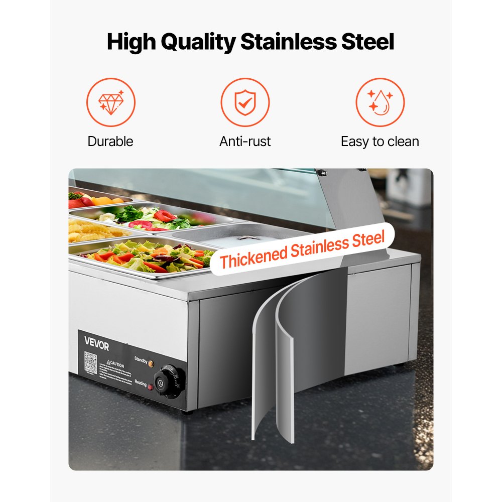 VEVOR Commercial Food Warmer, 1700W Electric Stainless Steel Steam Food Warmer with Glass Cover, 8-Pan Countertop Buffet Bain Marie with Soup & Perforated Ladles, for Catering, Restaurant & Party
