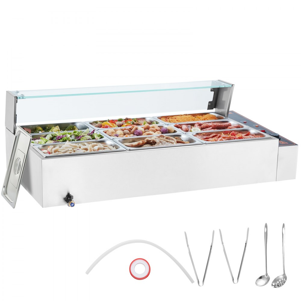 VEVOR Commercial Electric Food Warner Countertop Buffet 9*5Qt with Glass Shield