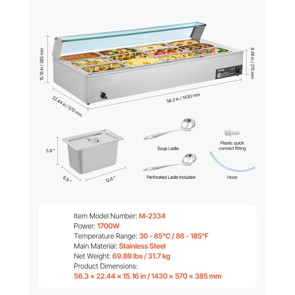 VEVOR Commercial Food Warmer, 1700W Electric Stainless Steel Steam Food Warmer with Glass Cover, 12-Pan Countertop Buffet Bain Marie with Soup & Perforated Ladles, for Catering, Restaurant & Party