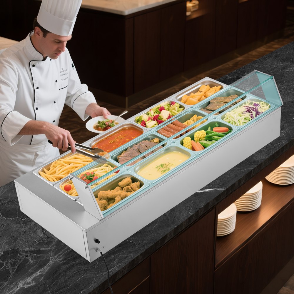 VEVOR Commercial Food Warmer, 1700W Electric Stainless Steel Steam Food Warmer with Glass Cover, 12-Pan Countertop Buffet Bain Marie with Soup & Perforated Ladles, for Catering, Restaurant & Party