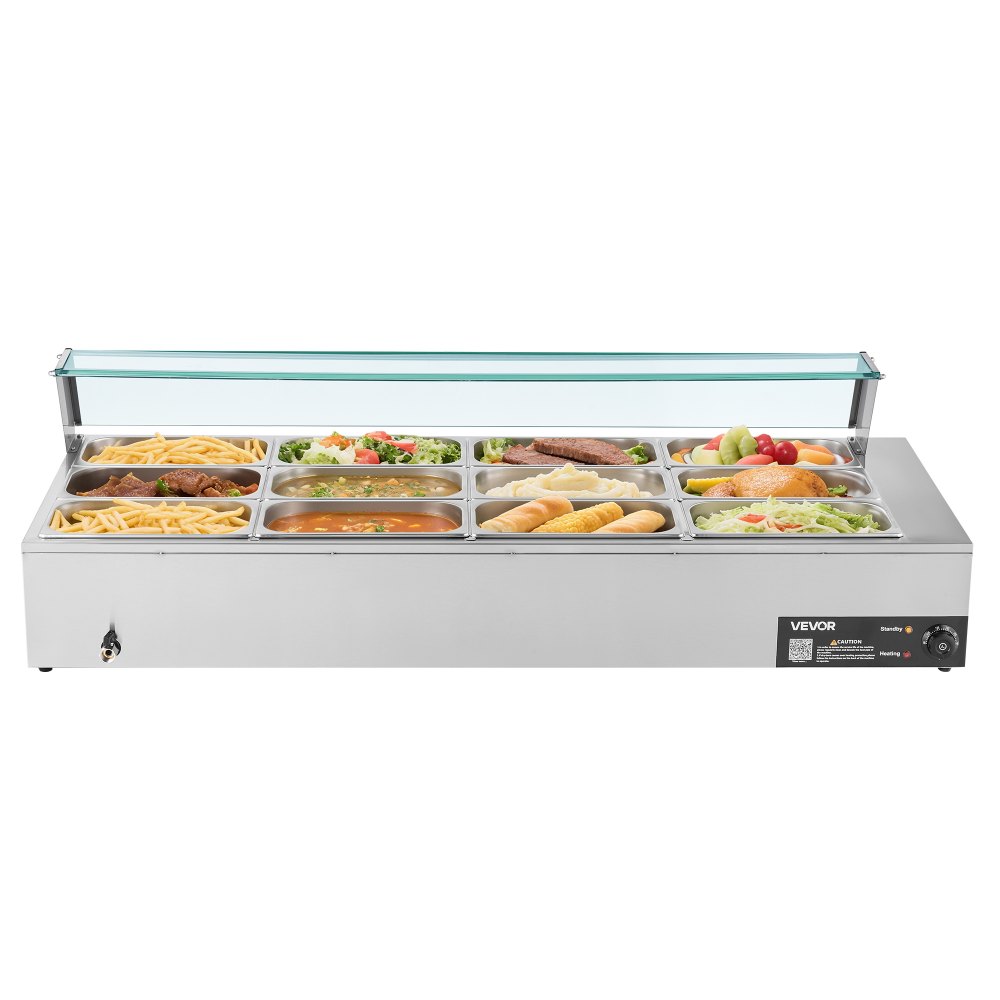 VEVOR Commercial Food Warmer, 1700W Electric Stainless Steel Steam Food Warmer with Glass Cover, 12-Pan Countertop Buffet Bain Marie with Soup & Perforated Ladles, for Catering, Restaurant & Party