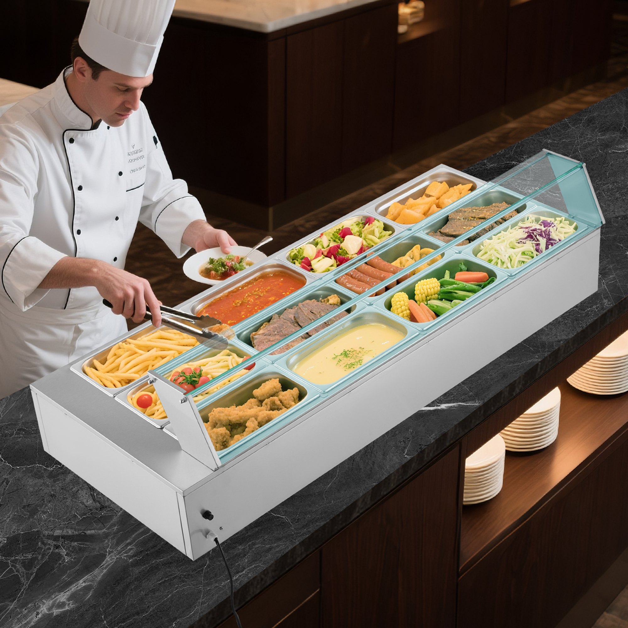 VEVOR Commercial Food Warmer, 1700W Electric Stainless Steel Steam Food Warmer with Glass Cover, 12-Pan Countertop Buffet Bain Marie with Soup & Perforated Ladles, for Catering, Restaurant & Party