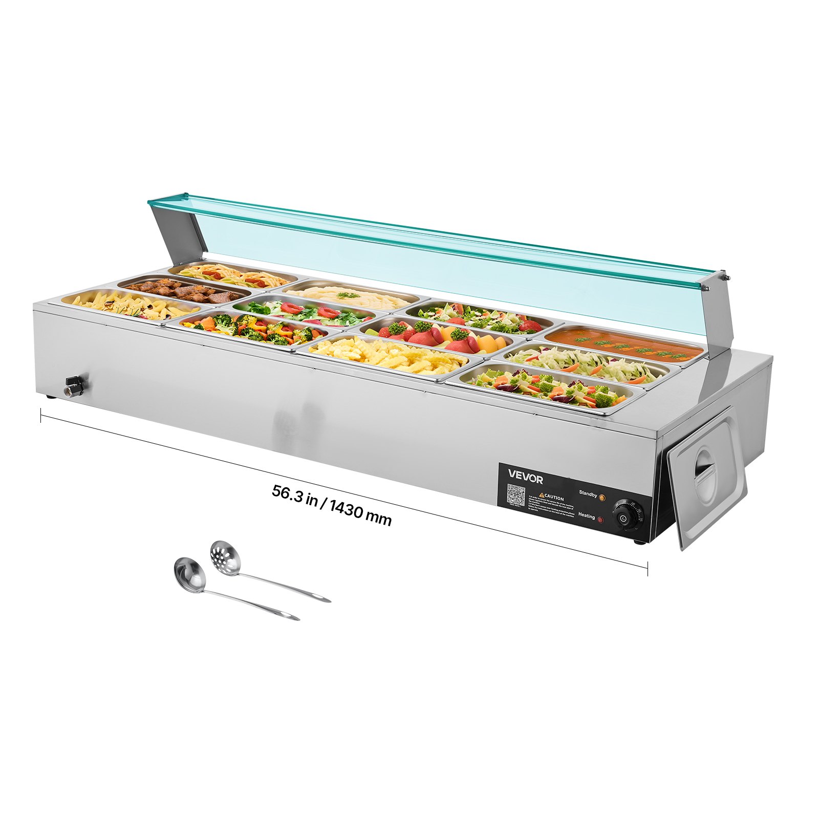 VEVOR Commercial Food Warmer, 1700W Electric Stainless Steel Steam Food Warmer with Glass Cover, 12-Pan Countertop Buffet Bain Marie with Soup & Perforated Ladles, for Catering, Restaurant & Party