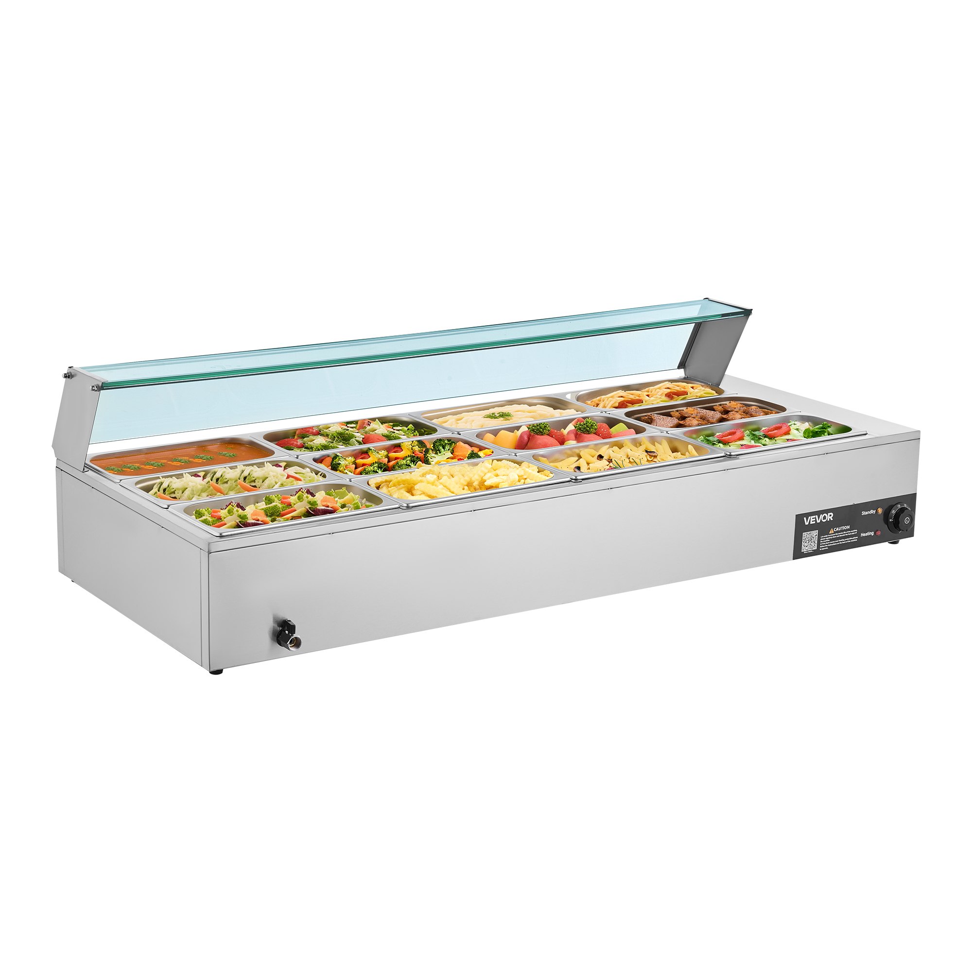 VEVOR Commercial Food Warmer, 1700W Electric Stainless Steel Steam Food Warmer with Glass Cover, 12-Pan Countertop Buffet Bain Marie with Soup & Perforated Ladles, for Catering, Restaurant & Party