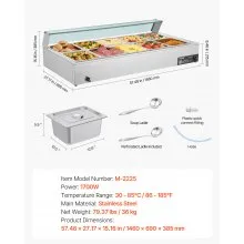 VEVOR Commercial Food Warmer 10-Pan 1700W Buffet Bain Marie with Glass Cover