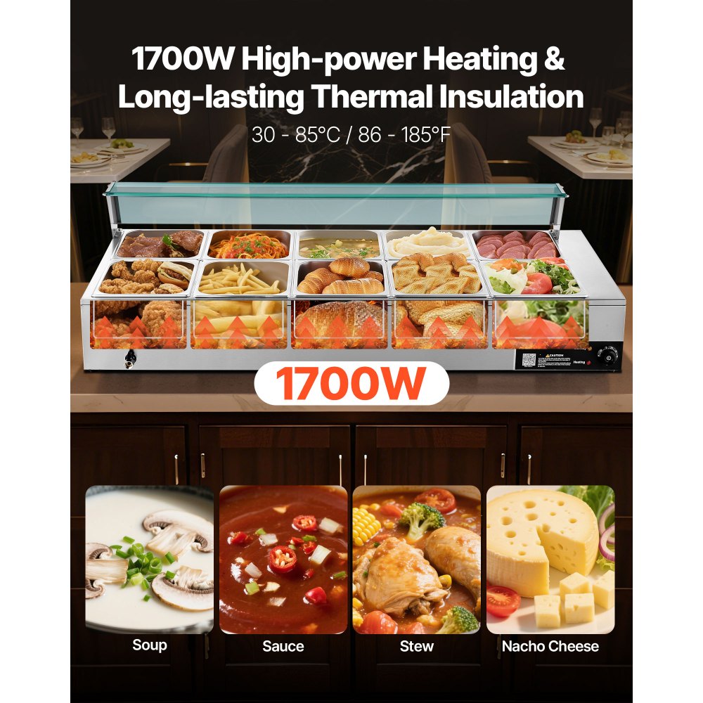VEVOR Commercial Food Warmer, 1700W Electric Stainless Steel Steam Food Warmer with Glass Cover, 10-Pan Countertop Buffet Bain Marie with Soup & Perforated Ladles, for Catering, Restaurant & Party