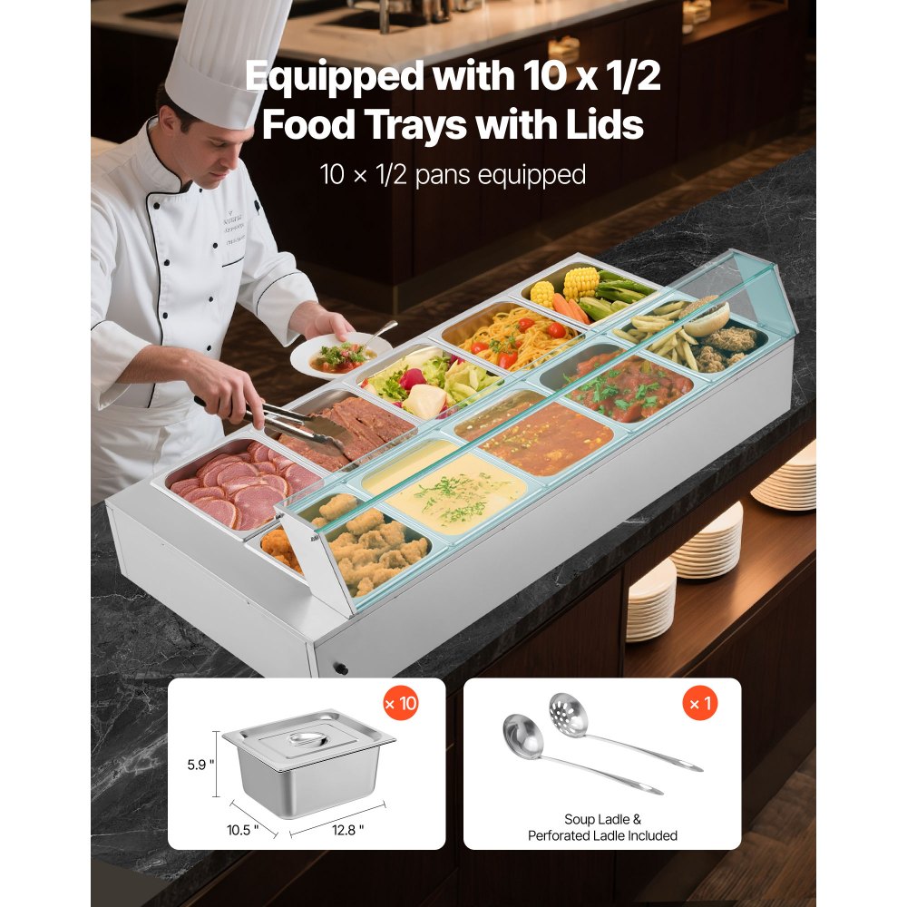 VEVOR Commercial Food Warmer, 1700W Electric Stainless Steel Steam Food Warmer with Glass Cover, 10-Pan Countertop Buffet Bain Marie with Soup & Perforated Ladles, for Catering, Restaurant & Party