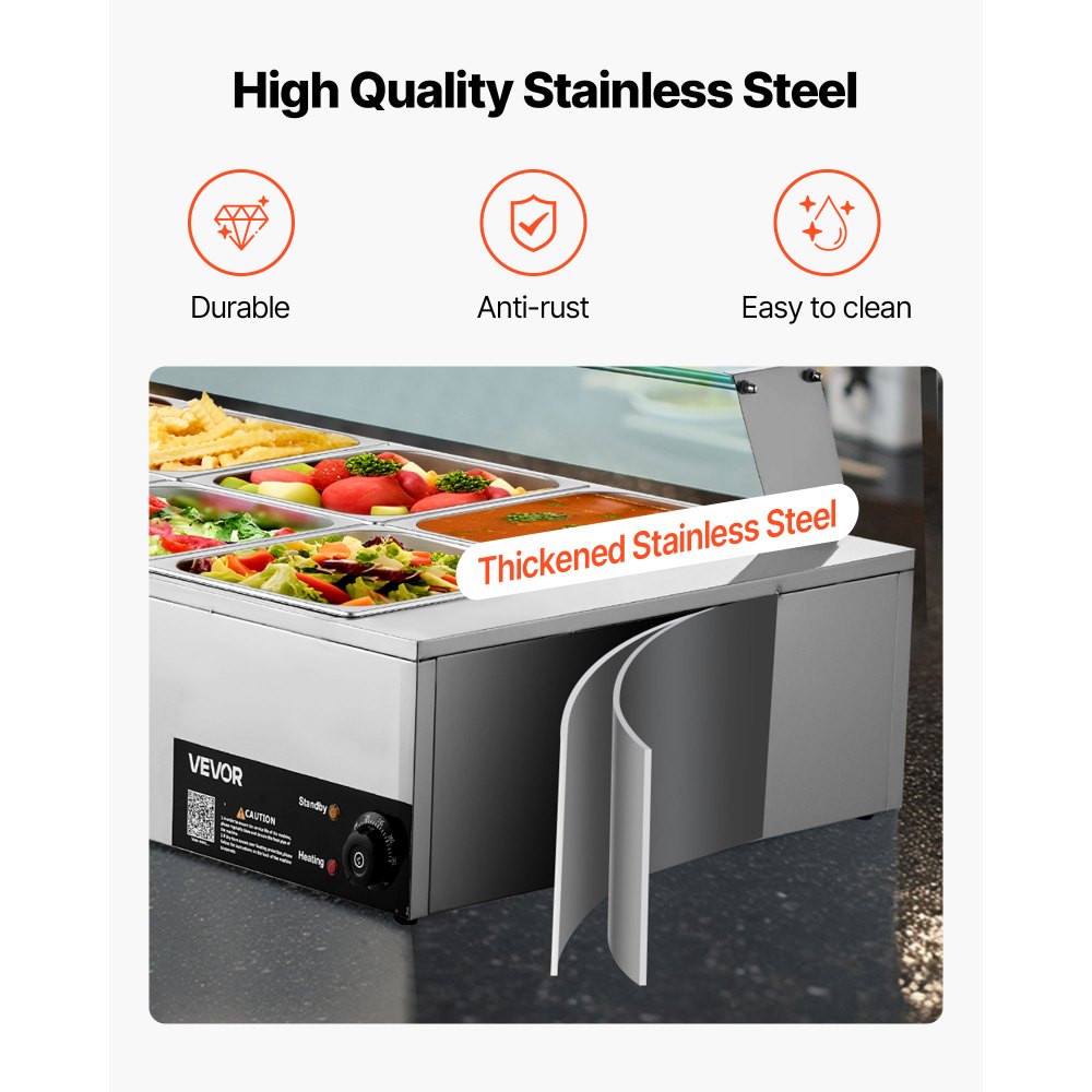 VEVOR Commercial Food Warmer, 1700W Electric Stainless Steel Steam Food Warmer with Glass Cover, 10-Pan Countertop Buffet Bain Marie with Soup & Perforated Ladles, for Catering, Restaurant & Party