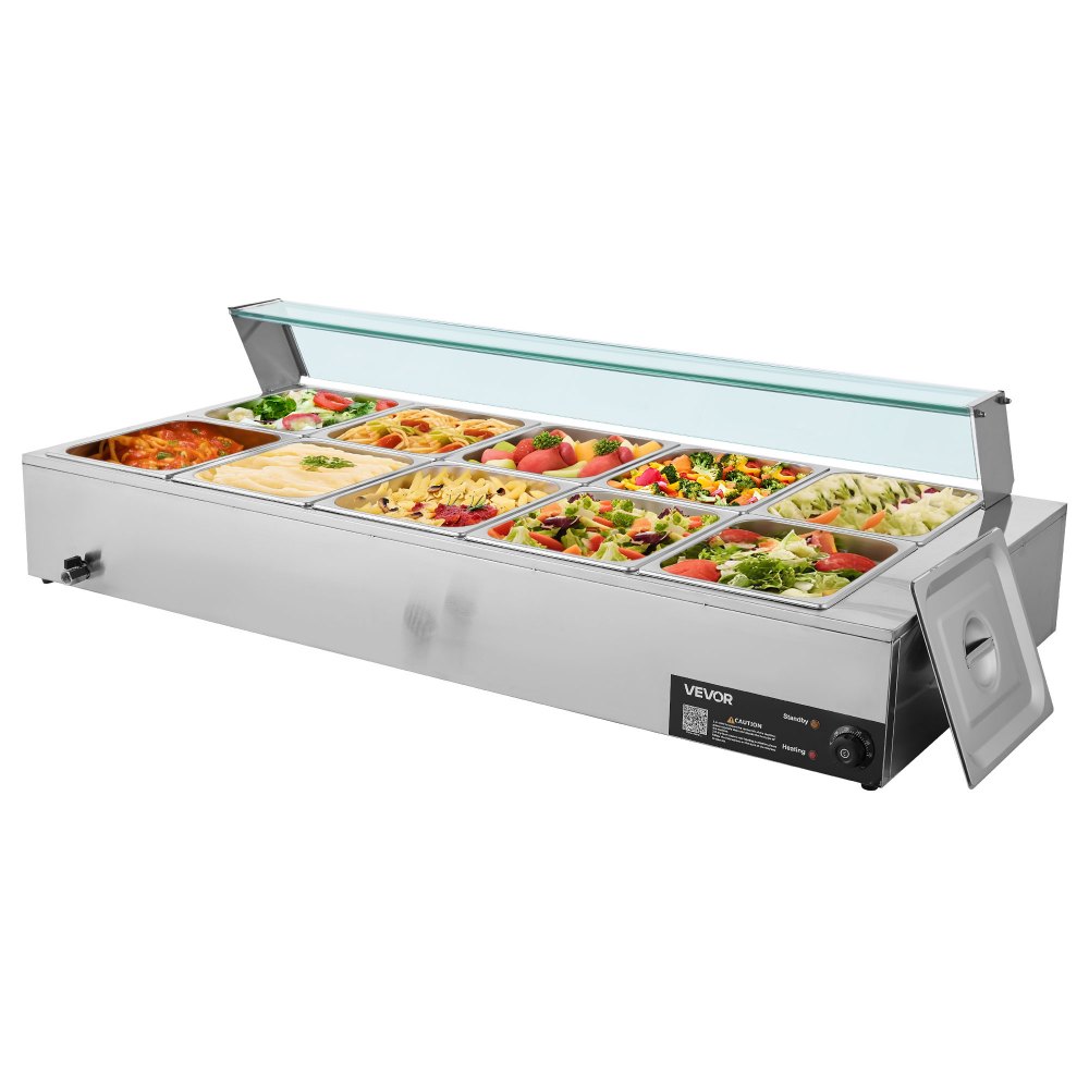 VEVOR Commercial Food Warmer, 1700W Electric Stainless Steel Steam Food Warmer with Glass Cover, 10-Pan Countertop Buffet Bain Marie with Soup & Perforated Ladles, for Catering, Restaurant & Party