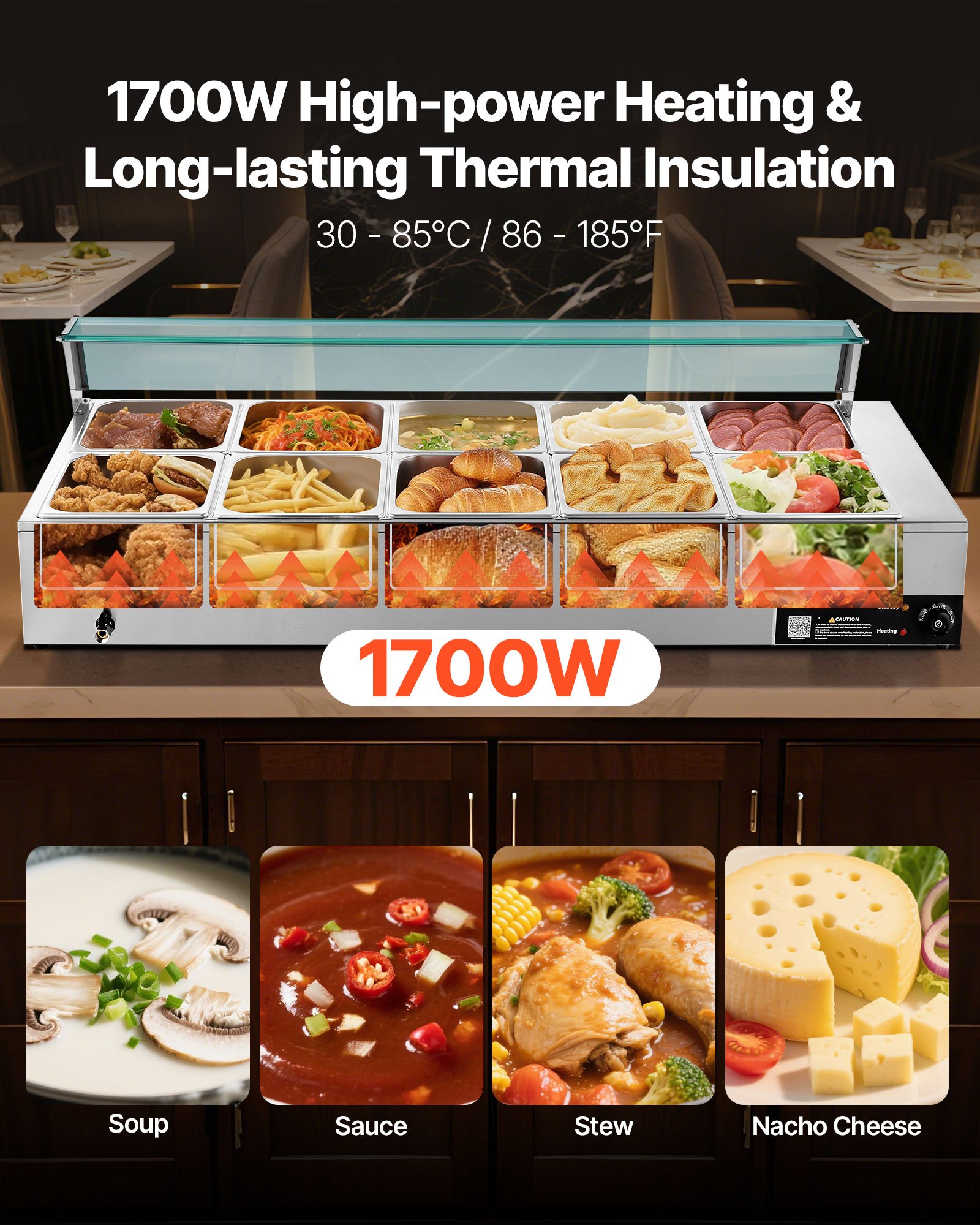 VEVOR Commercial Food Warmer, 1700W Electric Stainless Steel Steam Food Warmer with Glass Cover, 10-Pan Countertop Buffet Bain Marie with Soup & Perforated Ladles, for Catering, Restaurant & Party
