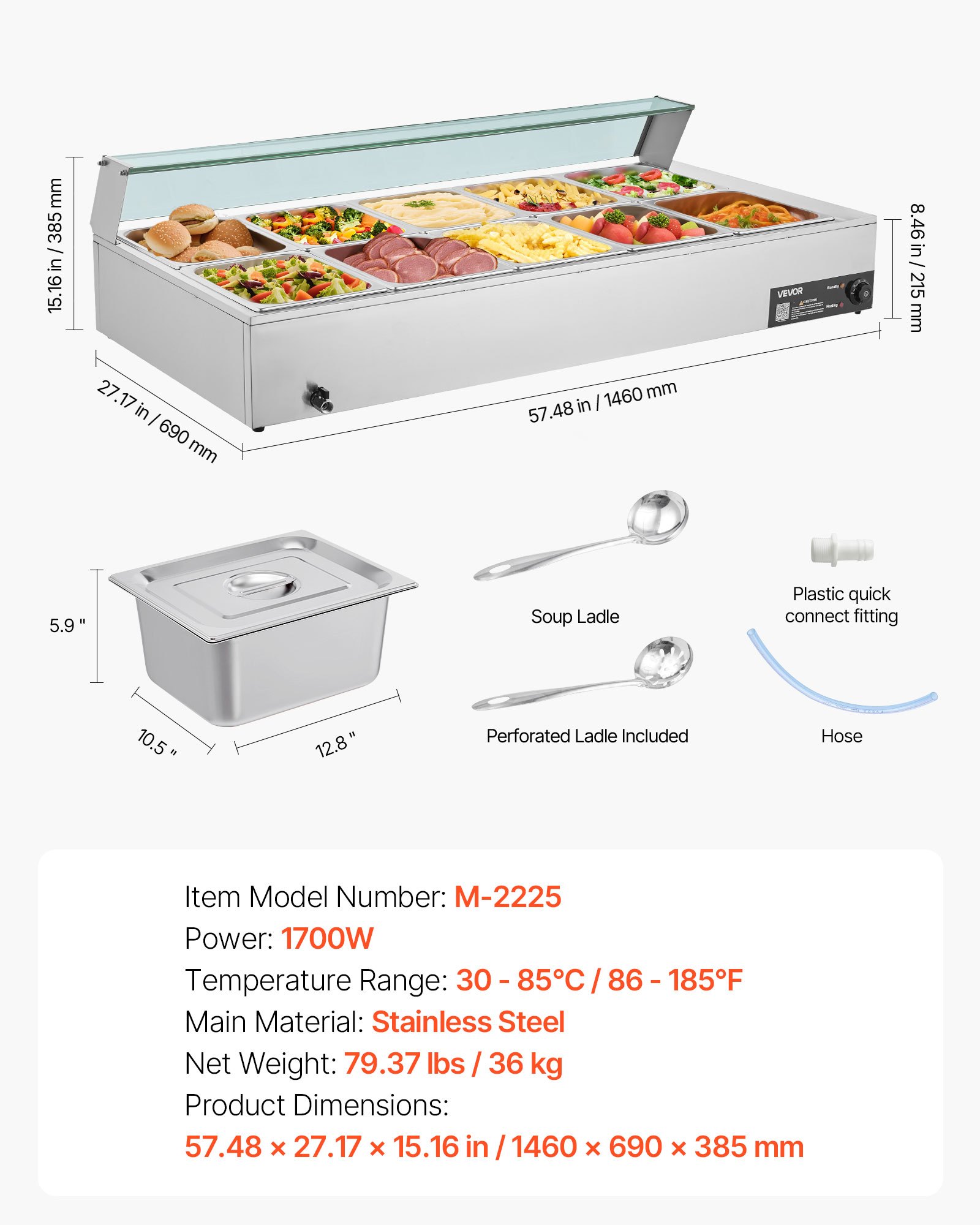 VEVOR Commercial Food Warmer, 1700W Electric Stainless Steel Steam Food Warmer with Glass Cover, 10-Pan Countertop Buffet Bain Marie with Soup & Perforated Ladles, for Catering, Restaurant & Party