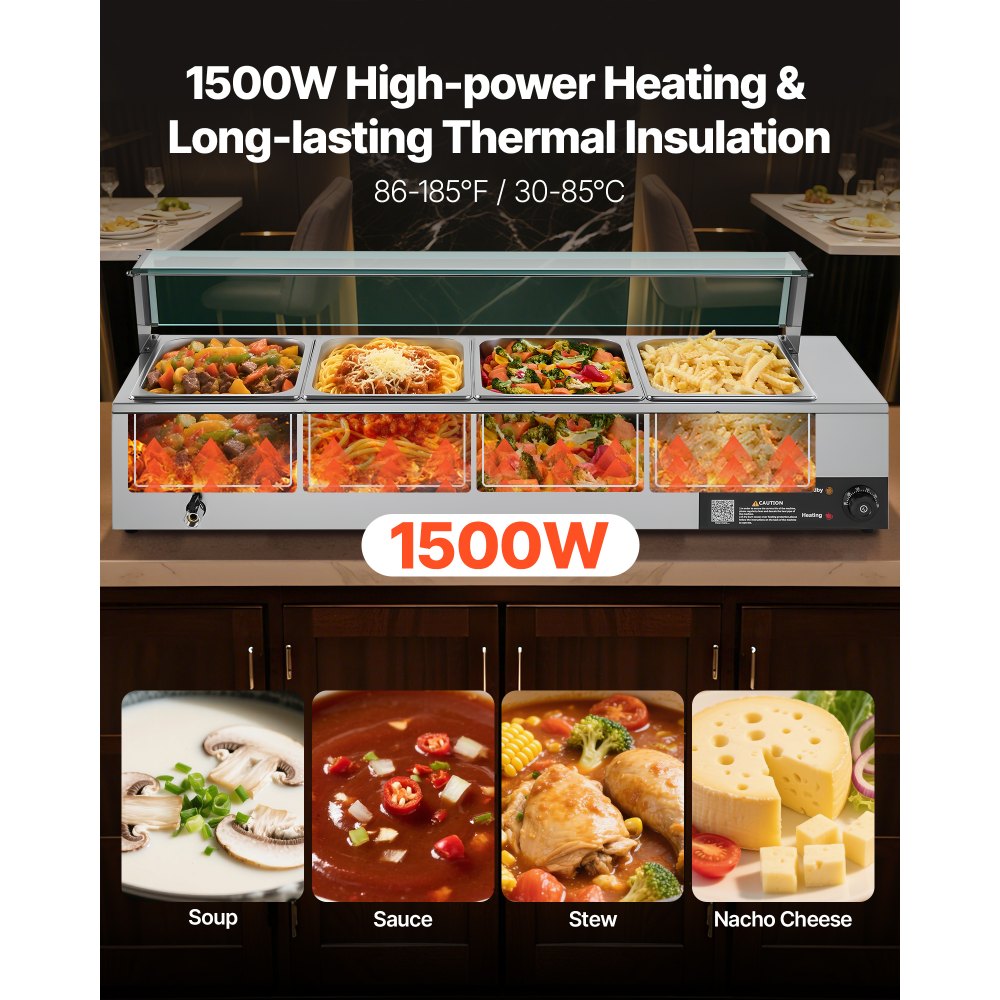 VEVOR Commercial Food Warmer, 1500W Electric Stainless Steel Steam Food Warmer with Glass Cover, 4-Pan Countertop Buffet Bain Marie with Soup & Perforated Ladles, for Catering, Restaurant & Party