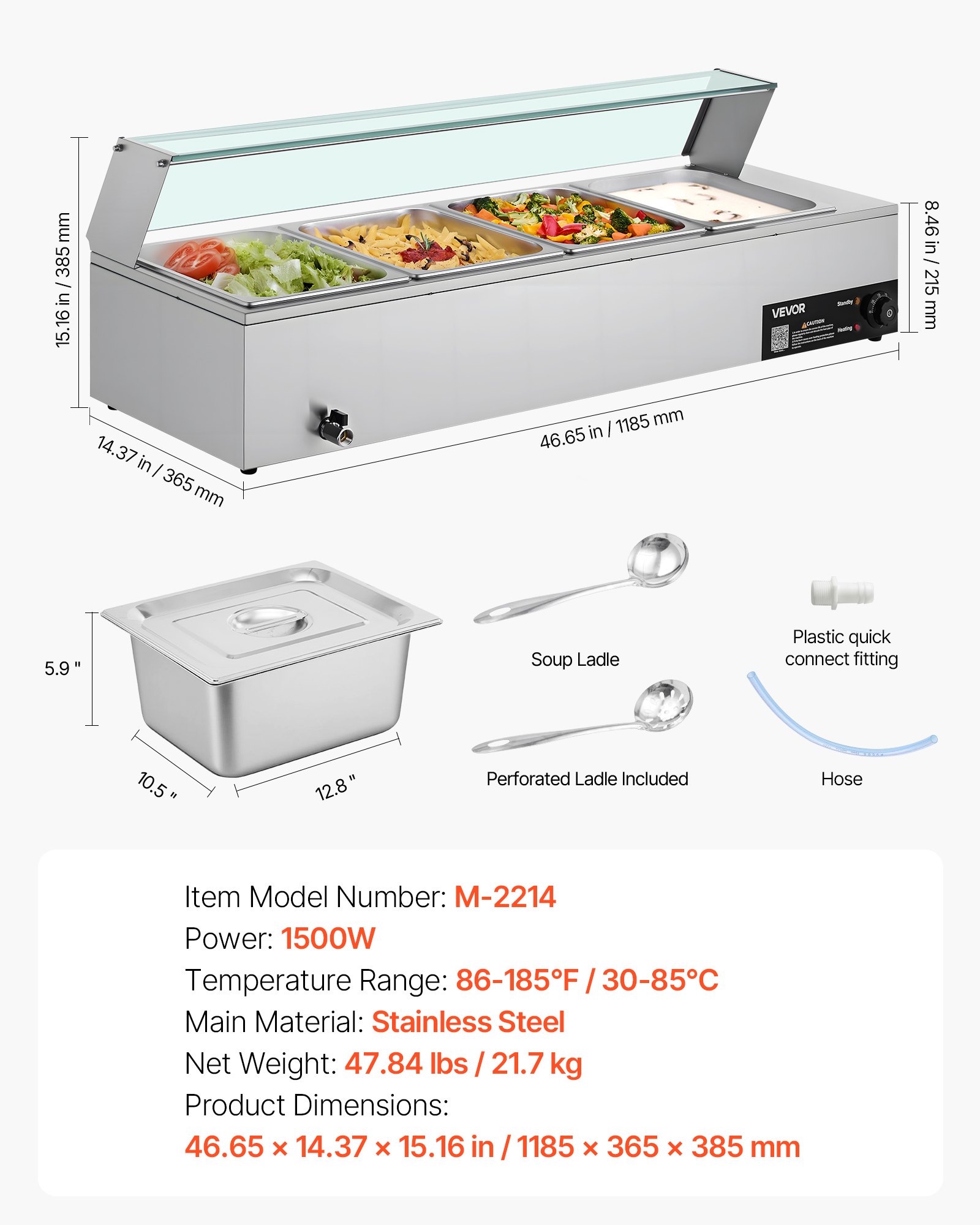 VEVOR Commercial Food Warmer, 1500W Electric Stainless Steel Steam Food Warmer with Glass Cover, 4-Pan Countertop Buffet Bain Marie with Soup & Perforated Ladles, for Catering, Restaurant & Party