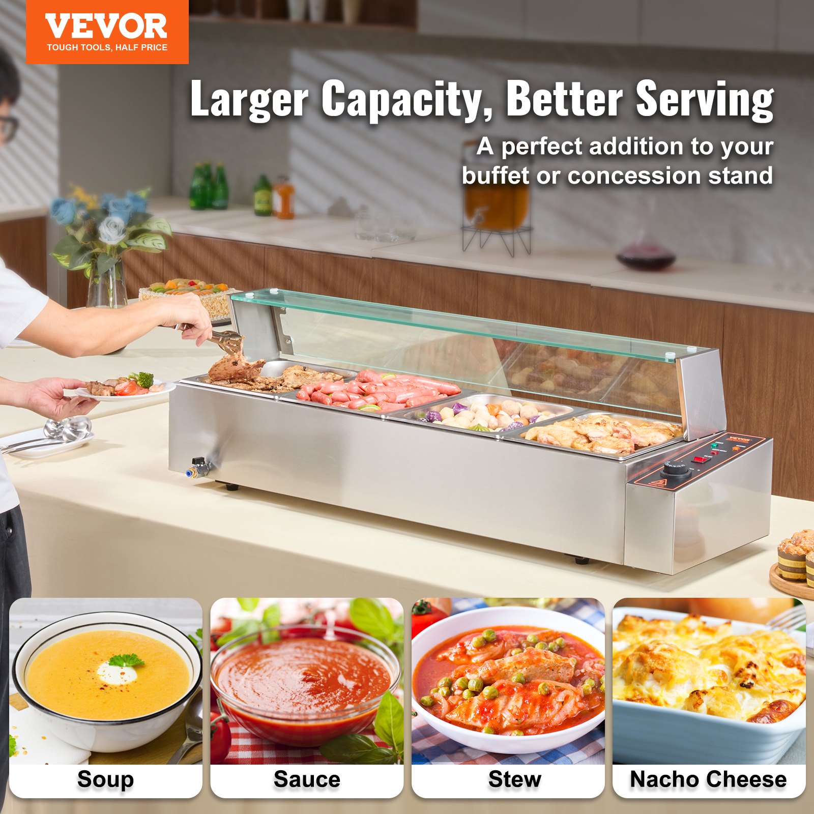 VEVOR 4-Pan Commercial Food Warmer, 4 x 8QT Electric Steam Table with Glass Cover, 1500W Countertop Stainless Steel Buffet Bain Marie 30 - 85℃ Temp Control for Catering, Restaurants, Silver