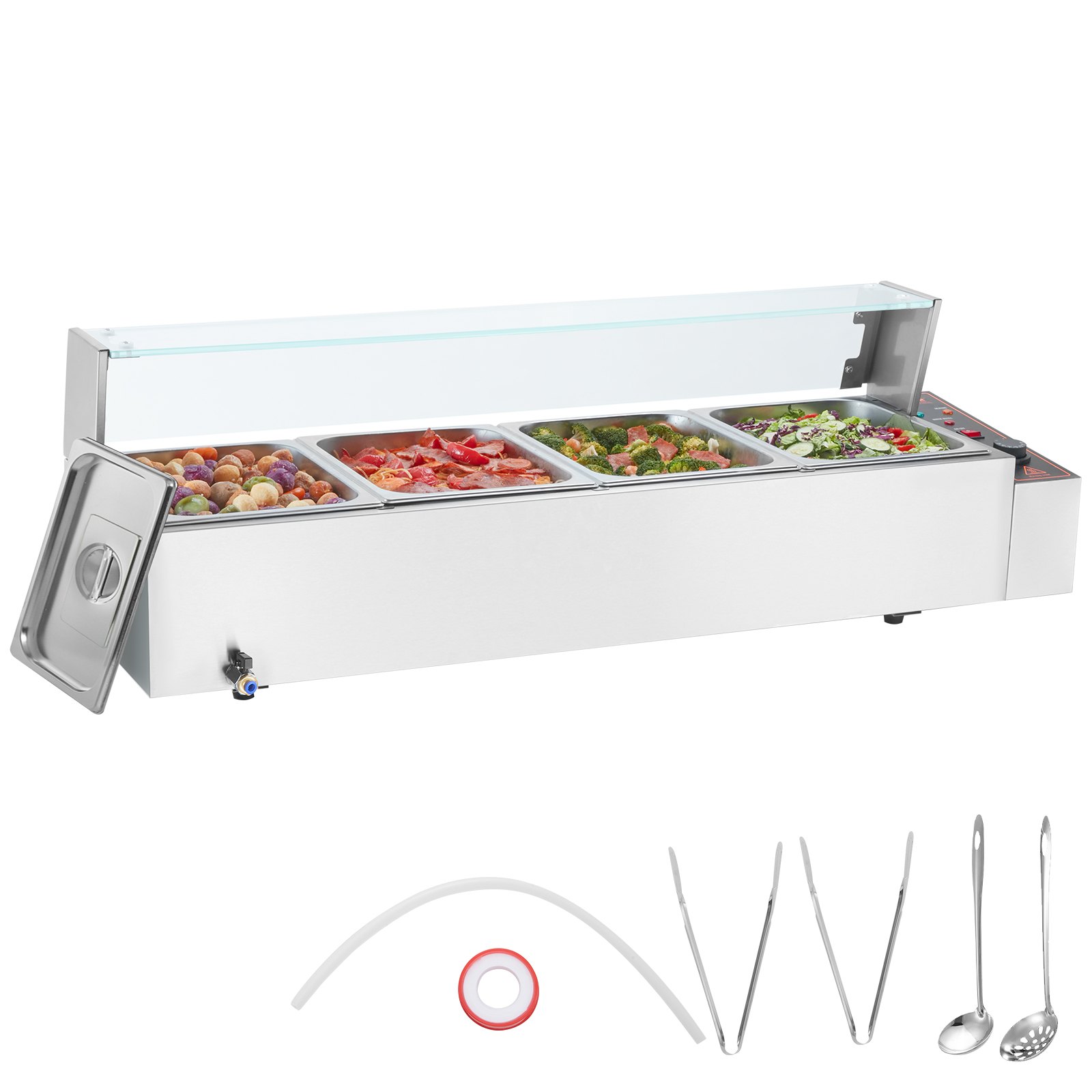 VEVOR 4-Pan Commercial Food Warmer, 4 x 8QT Electric Steam Table with Glass Cover, 1500W Countertop Stainless Steel Buffet Bain Marie 30 - 85℃ Temp Control for Catering, Restaurants, Silver