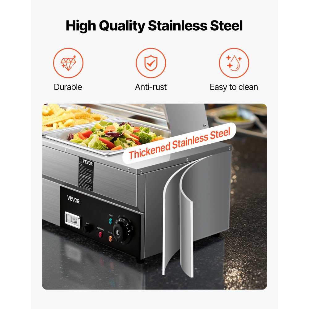 VEVOR 60QT Commercial Food Warmer, 5-Pan Electric Steam Table with Glass Cover, 1500W Countertop Stainless Steel Buffet Bain Marie with 86-185°F Temp Control for Catering, Buffet, Parties, Restaurants