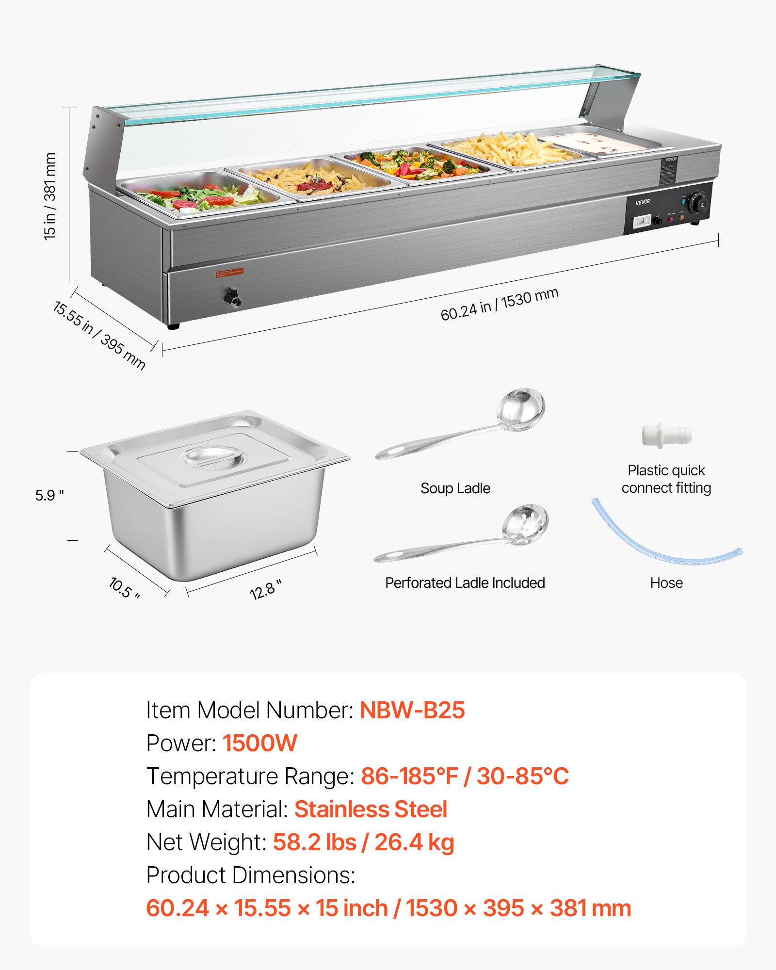 VEVOR 60QT Commercial Food Warmer, 5-Pan Electric Steam Table with Glass Cover, 1500W Countertop Stainless Steel Buffet Bain Marie with 86-185°F Temp Control for Catering, Buffet, Parties, Restaurants