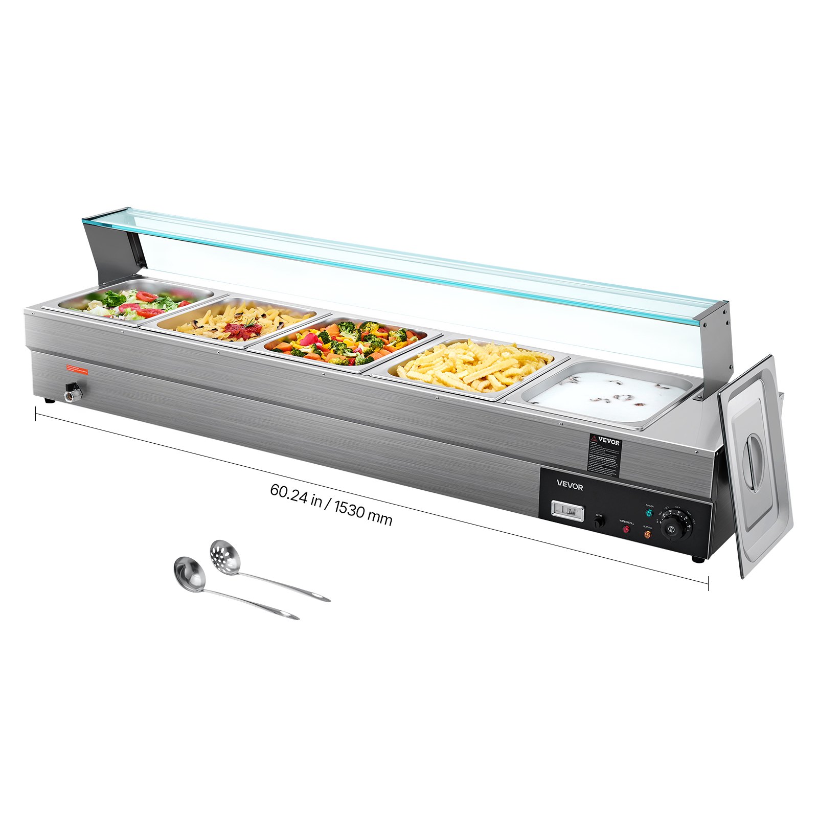 VEVOR 60QT Commercial Food Warmer, 5-Pan Electric Steam Table with Glass Cover, 1500W Countertop Stainless Steel Buffet Bain Marie with 86-185°F Temp Control for Catering, Buffet, Parties, Restaurants